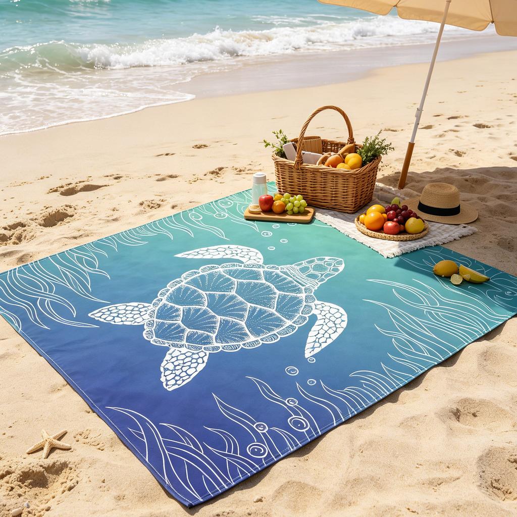 Portable Foldable Picnic Mat with Printed Pattern Lightweight Polyester Fabric Sandproof Beach Blanket with Storage Bag and Stakes for Outdoor Use
