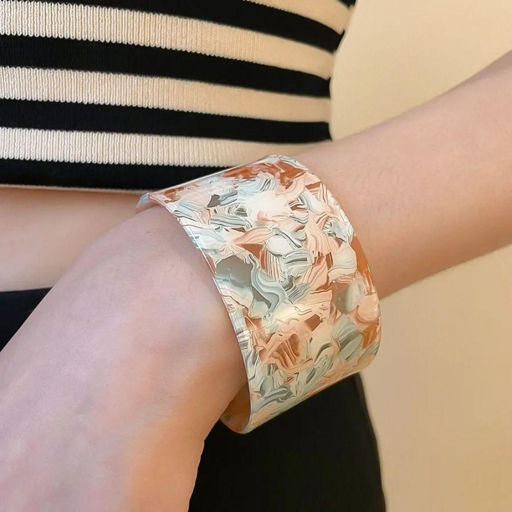 Bohemian Striped Acrylic Bangle Geometric Smudged Hand Ring Unique Open Wide Bracelet  Girls