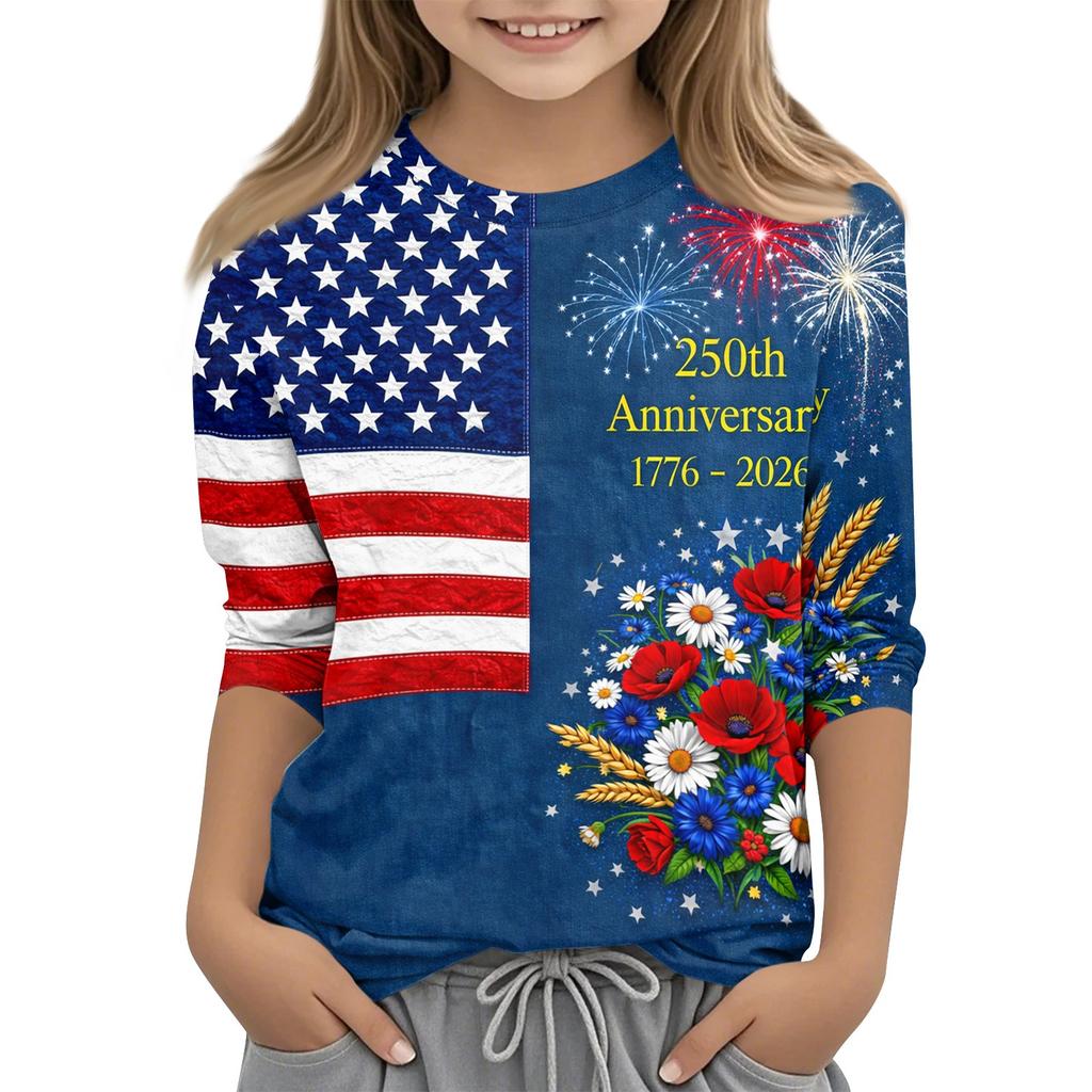 Children's Independence Day Printed Round Neck Seven Quarter Sleeve Casual T-shirt