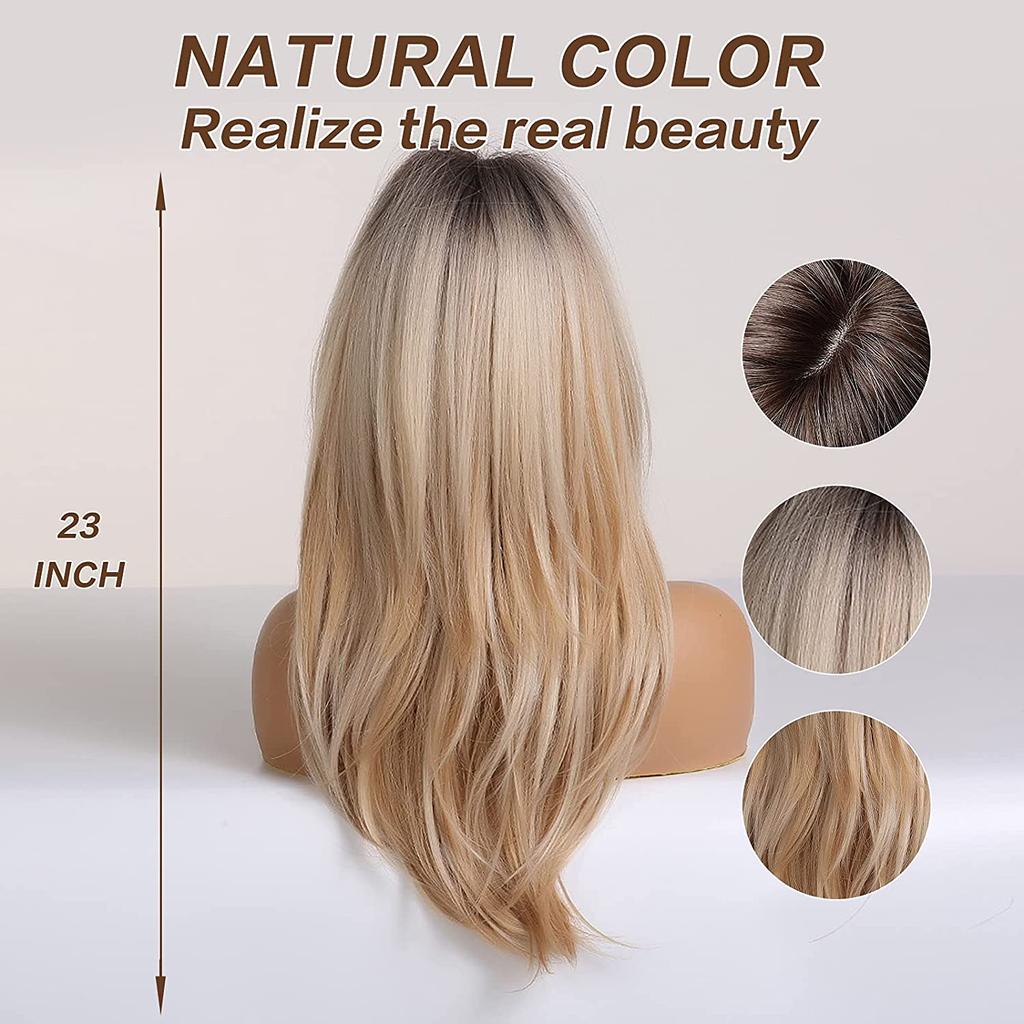 Dlouhá vrstvená blond ombre paruka po ramena s ofinou tepelně odolná syntetická paruka pro ženy pro každodenní použití