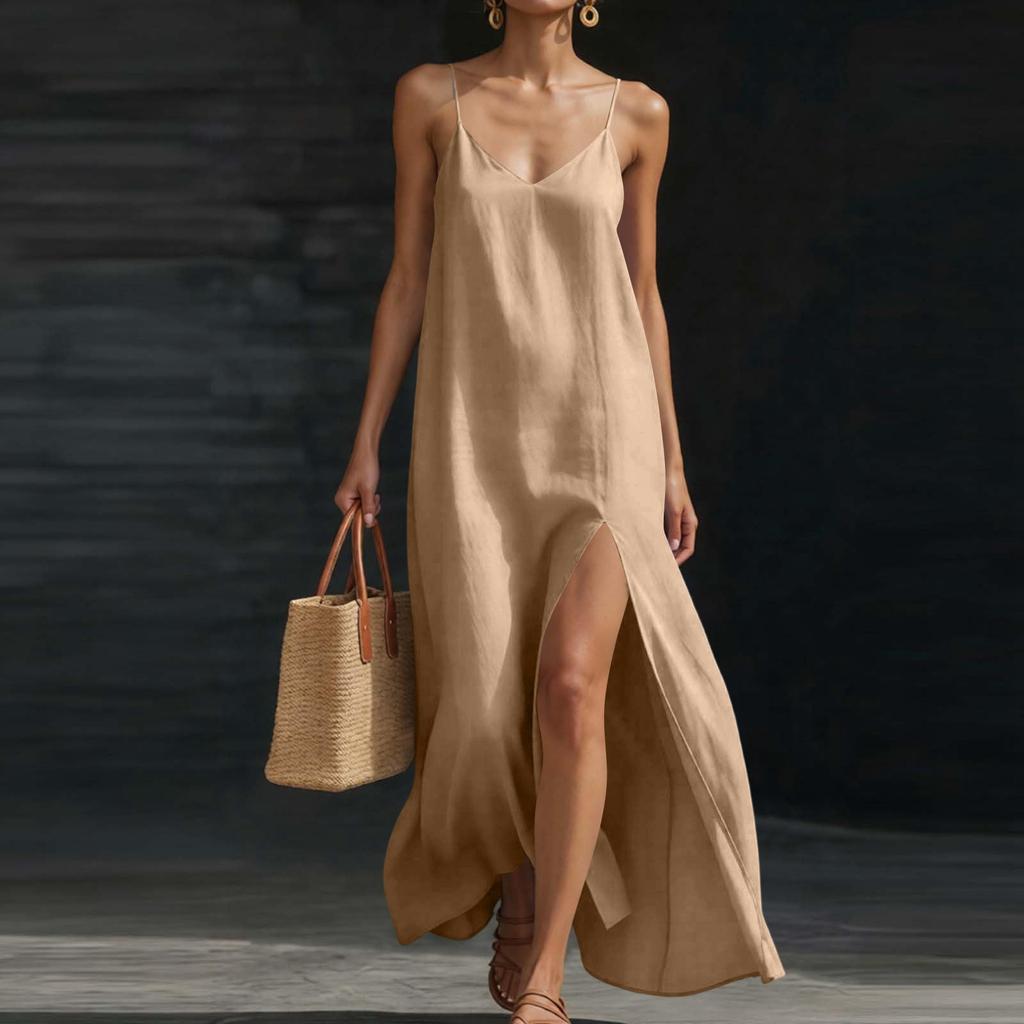 Women's Fashionable V-neck Camisole Long Dress With Loose Hemline And Slit Casual Vacation Dress
