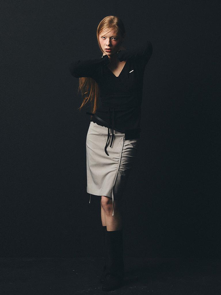 Half Devils Strap Shirred Skirt_Warm Gray