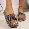 Fashionable Vintage Ethnic Diamond-Face Chunky-Sole Slippers Large Size Outdoor Beach Cork Slippers