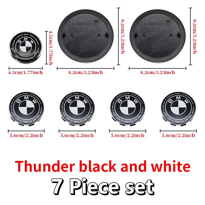 Competition Black White Emblem Set for BMW Hood Trunk Wheel Steering Badge 7Pcs 74m 82mm 68mm 56mm Universal 2-Pin 3-Pin Clips