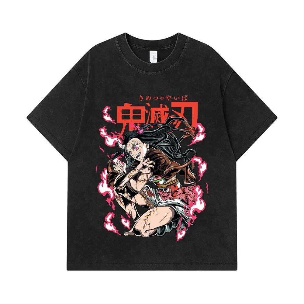 275 GSM Washed T-shirts 100% Cotton Demon Slayer V71 Nezuko Demon Print Unisex Heavy Cotton T Shirt