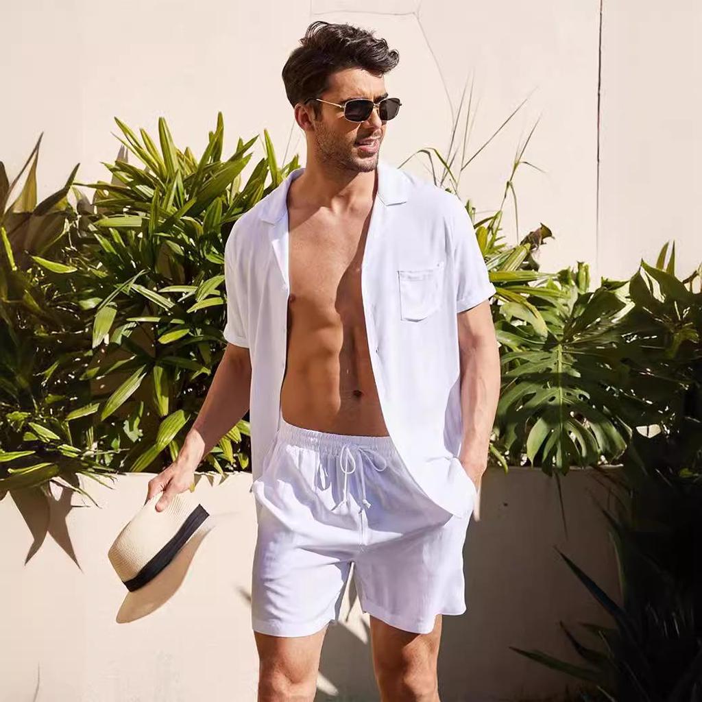 Pánská lněná košile s krátkým rukávem a šortky - Ležérní letní volný střih