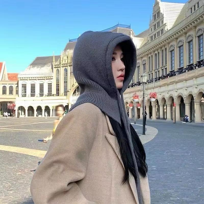 Winter Balaclava Hats for Women Unisex Knitted Hooded Caps Outdoor Warmer Drawstring Hat One-Piece Neck Collar Beanies Caps