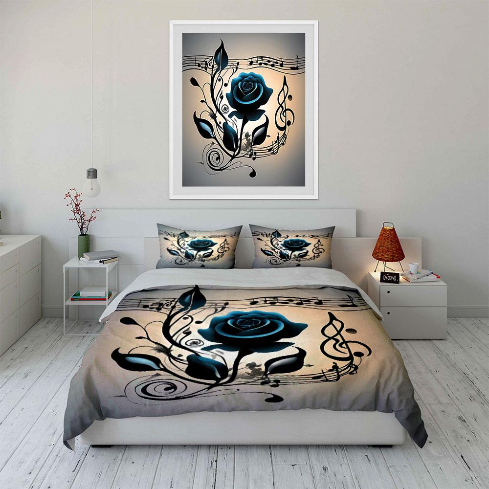 "Blue Rose Musical Art Decor" Soft Skin-Friendly Bedding Set Includes 1 Duvet Cover And 2 Pillowcase Gift