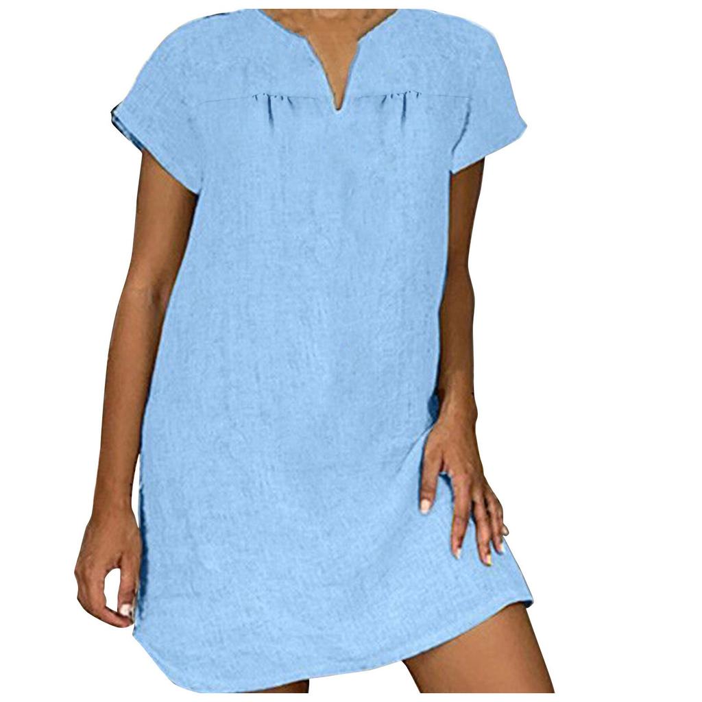 Gonna ampia estiva da donna alla moda, manica corta, scollo a V, abito in cotone e lino