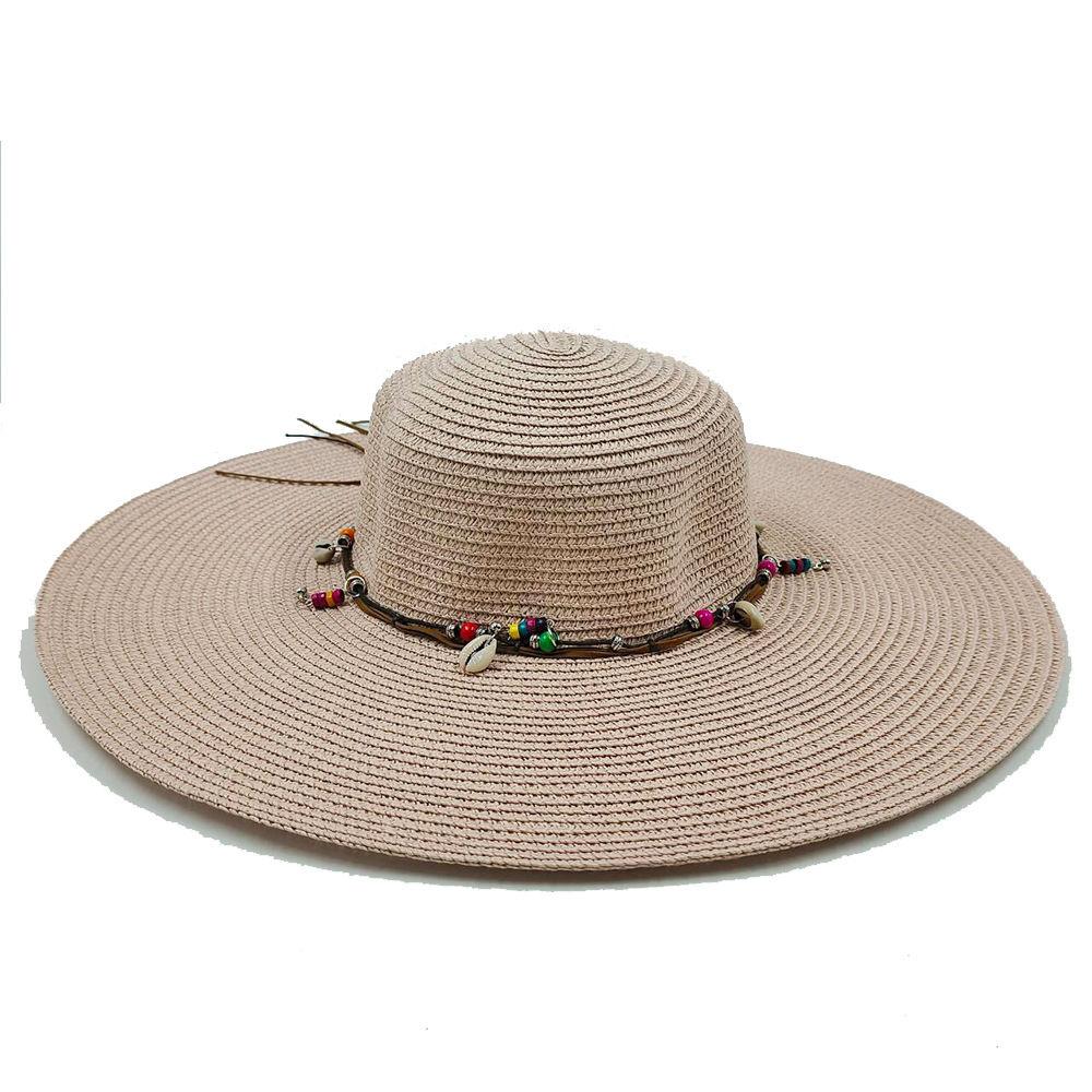 Ladies' Summer Straw Hat 13CM Large Brimmed Beach Hat Sunshade Hat Outdoor Beach Travel Hat Foldable