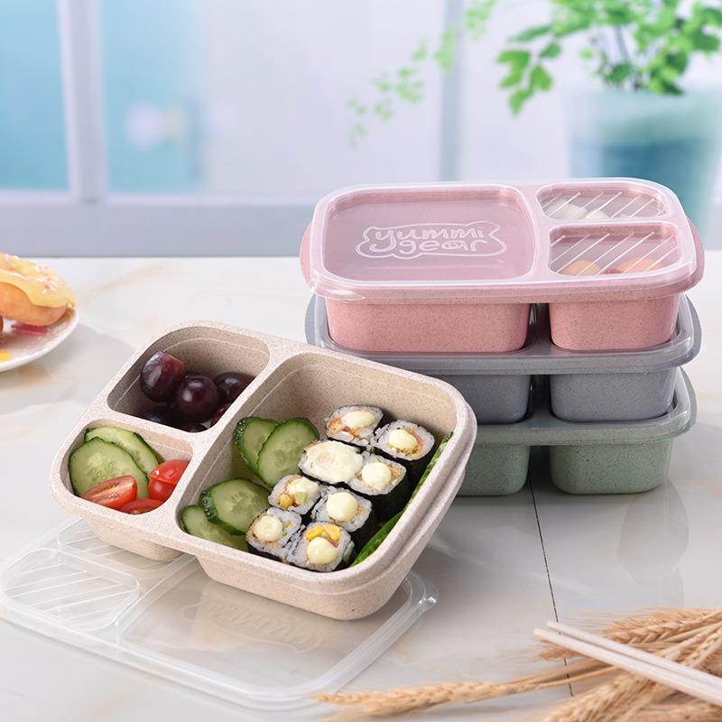 

Wheat Straw Partitioned Lunch Box Square Three-compartment Transparent Lid Student Bento Lunch BoxTea Snack Lunch Box бежевий