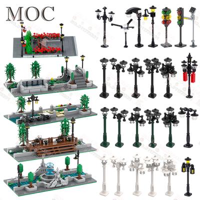 Sada pouličných lámp City Series Semafory Signálne svetlo Kvetinová fontána Pohľad na ulicu Park MOC Stavebný blok Model Tehlová hračka Darček