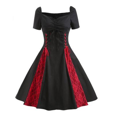Women’s Gothic Dress Off Shoulder Lace Straps Plus Size Vintage Swing Evening Cocktail Party Dresses In Black Red