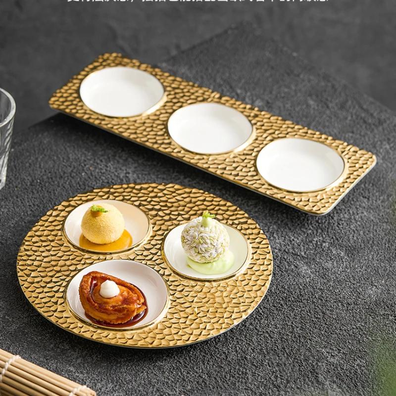 Creative Phnom Penh Ceramic Lattice Western Food Plate Household New Hotel Restaurant Wood Grain Dessert Plate Tableware