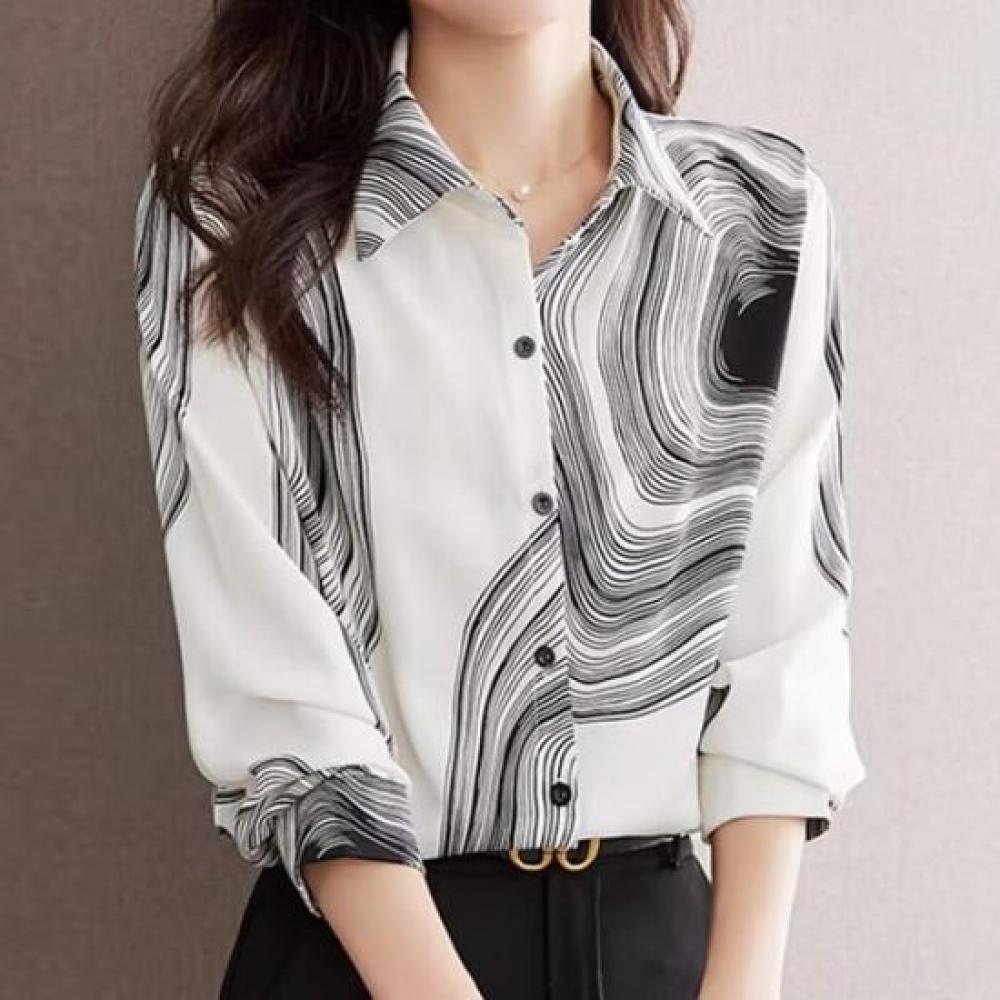 Navava Women S Elegant Print Point Long Sleeve Collar Shirt Nb3000