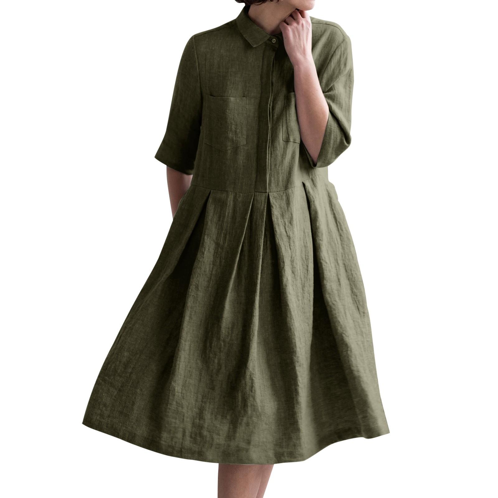 

Женские модные летние свободные платья с воротником-стойкой из хлопка и льна однотонного цвета XL армия зеленый