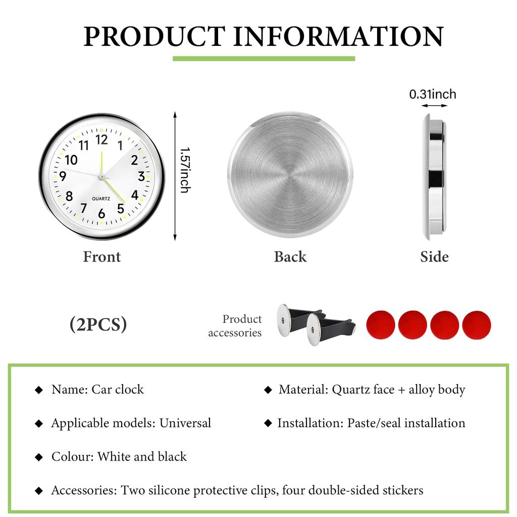 DXNQ 2pcs Stick-on Dashboard Car Clock Mini Luminous Analog Clock with Vent Clip &