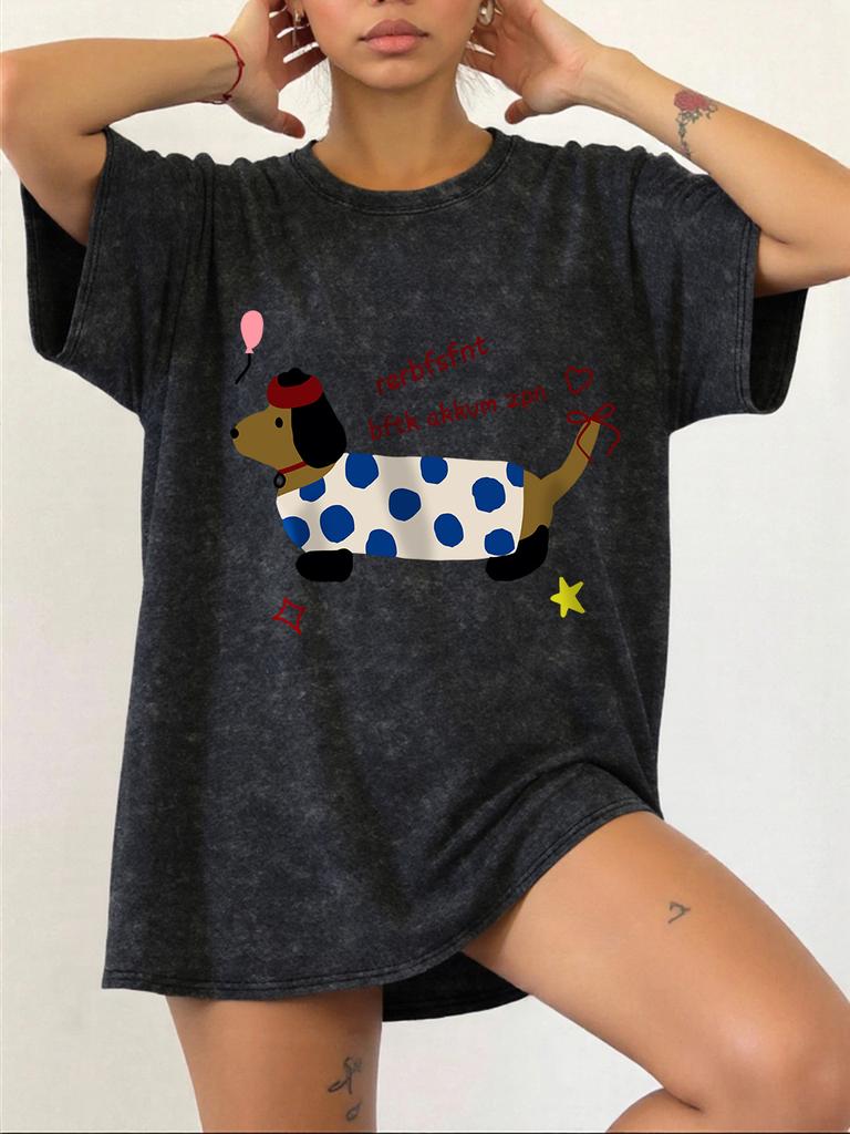 Dachshund Printing Washed TShirts Womens Cotton Short Sleeve Tops Hip Hop ONeck Oversized T Shirt Summer Comfortable Clothes