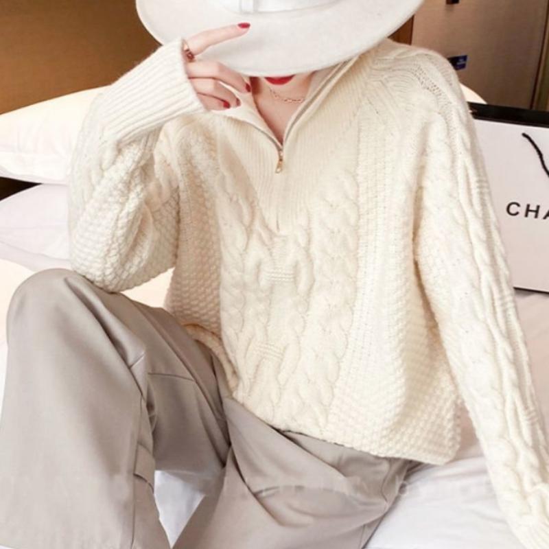 

Свитер с высоким воротом на молнии, пуловер, новинка 2022 года, женская осенне-зимняя свободная верхняя одежда, вязаный свитер с длинными рукавами, пуловер, женский топ One Size бежевый