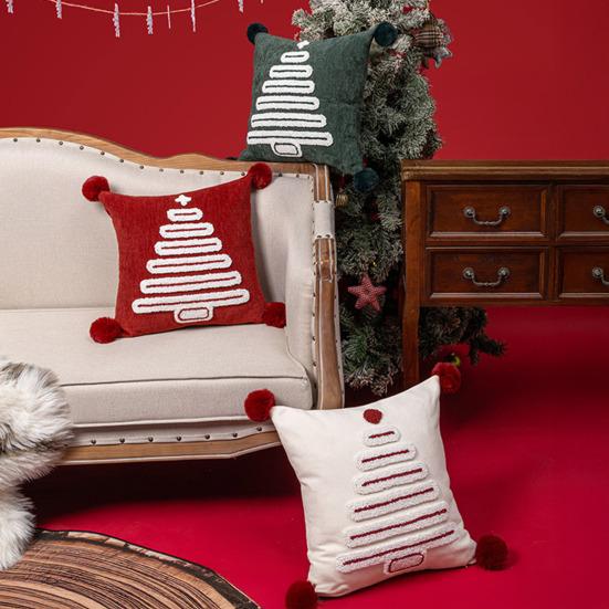 Christmas Tree Pattern Throw Pillowcase with Tassel Hair Ball Decoration Pillow Cover Farmhouse Style Cushion Cover