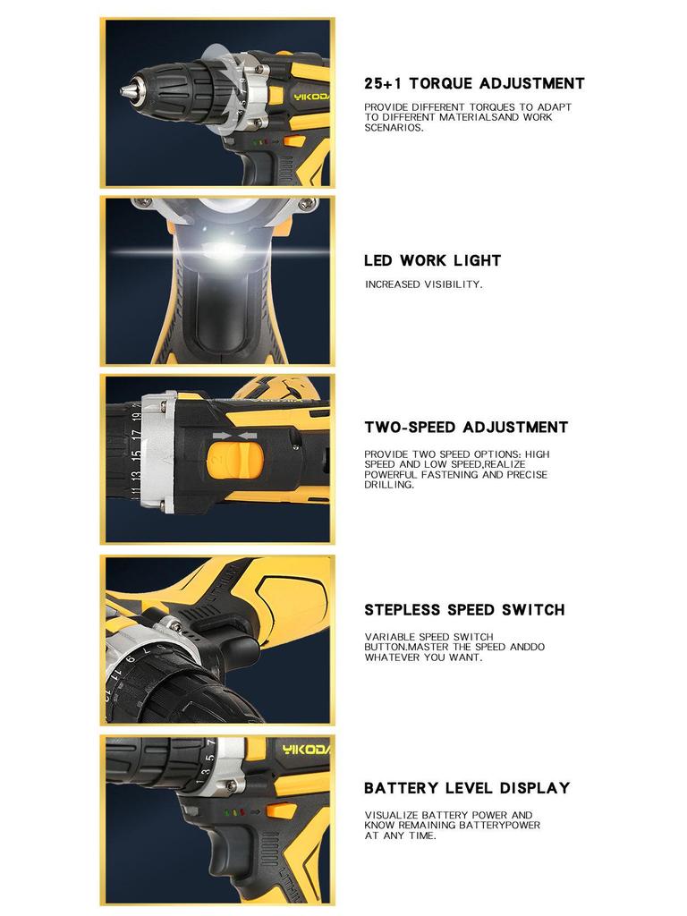 Cordless Dual-Speed Lithium Electric Drill with Power Display, Rechargeable Screwdriver, and Multifunctional Pistol Design.