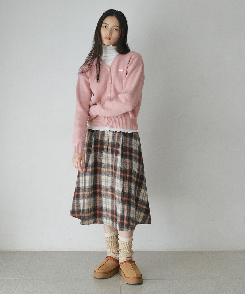 Belloel Check Pleated Midi Long Skirt Beige