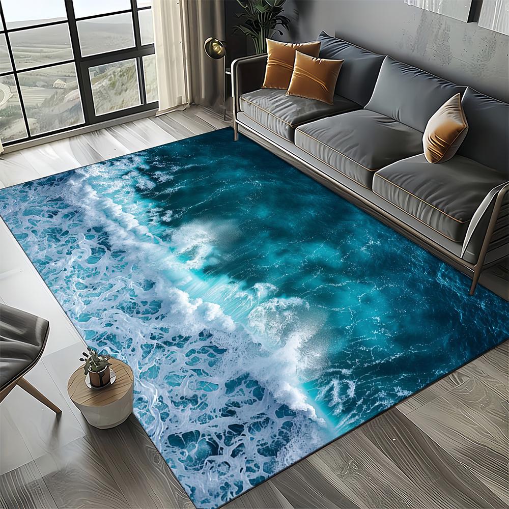 Style New Blue Green Seawater Sea Wave Ocean Carpet Rug for Living Room Bedroom Home Sofa Decoration, Floor Mat