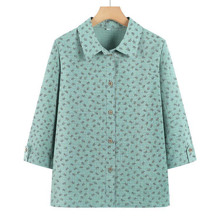 Mid-aged & Elderly Women's Floral Cotton Shirt, 3/4 Sleeve, Loose Plus Size Top