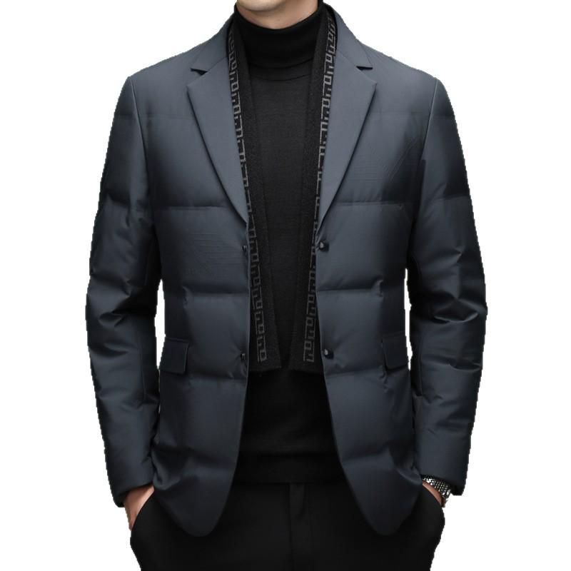 Men's Winter Suit-Style White Duck Down Jacket with Detachable Scarf, 90% Down Filled for Cold Protection and Warmth.