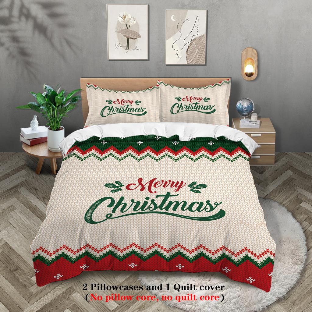 3-piece Christmas themed Merry Christmas English graphic print (1 duvet cover+2 pillowcases, no core) soft bedding set