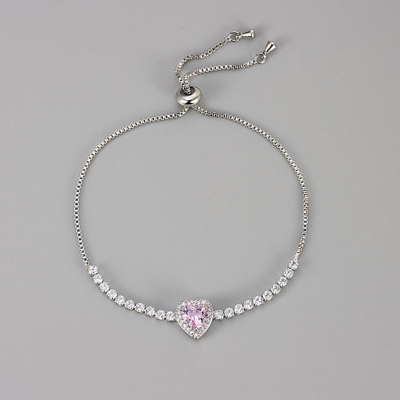 Pink Heart Zircon Adjustable Bracelet Light Luxury Elegant Fashion Bangle For Women Daily Commute Jewelry Gift