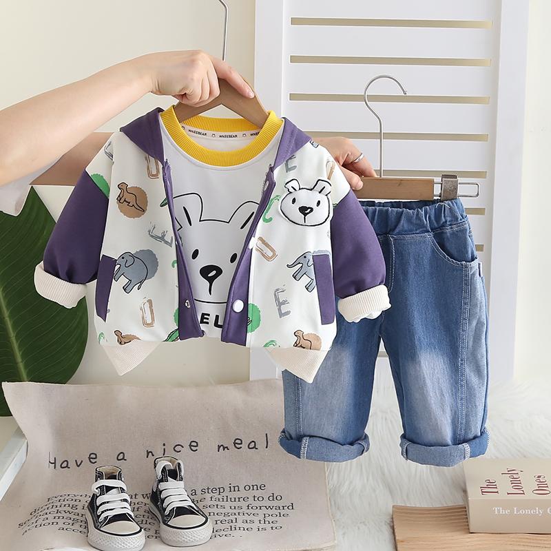 Boys' long sleeved 3-piece set, Children's hooded animal print jacket+cartoon T-shirt+casual denim pants, cute baby clothes