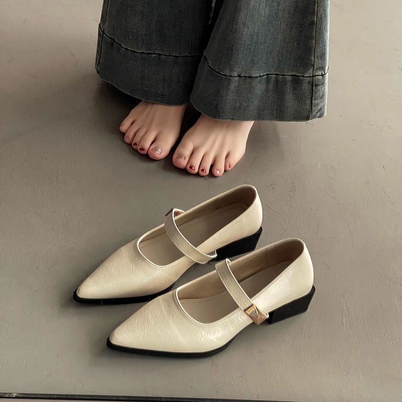 Temperament Mary Jane Single Shoes Women's Heightening Soft Leather Retro Shallow Mouth Pointed Head One-word Buckle Not Tired Feet High Heels