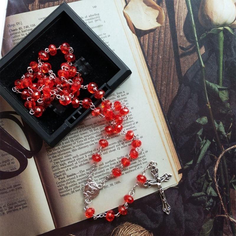 62KD Catholic Crystal Beads Rosary Necklaces Rose Flower Crucifix Pendant Religious Jewelry for Women Meditation Prayer