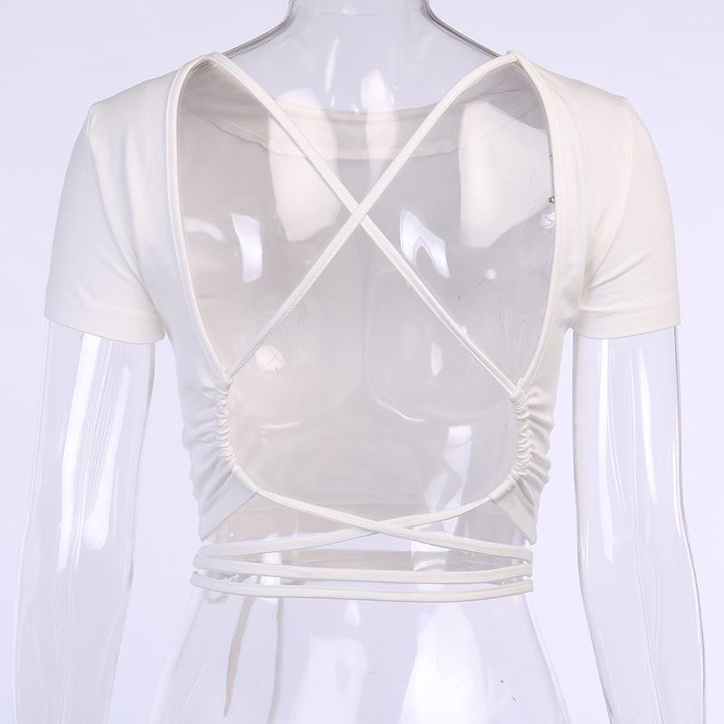 Open Back Crop Tops Summer Women Bandage Lace-up Backless Solid Pullover T Shirt Slim Tee