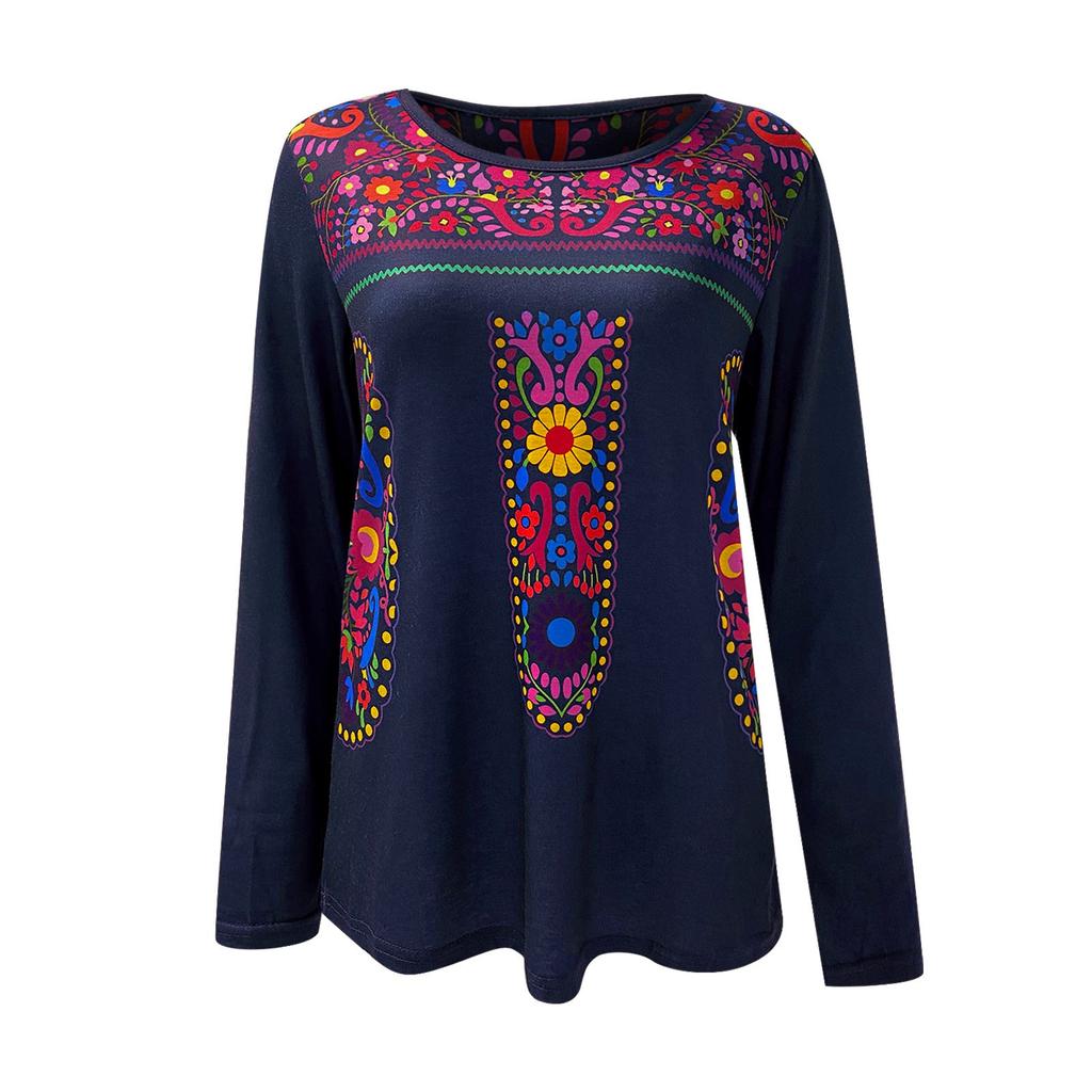 Women's  Ethnic Bohemian Print Round Neck Long Sleeve Loose T-Shirt