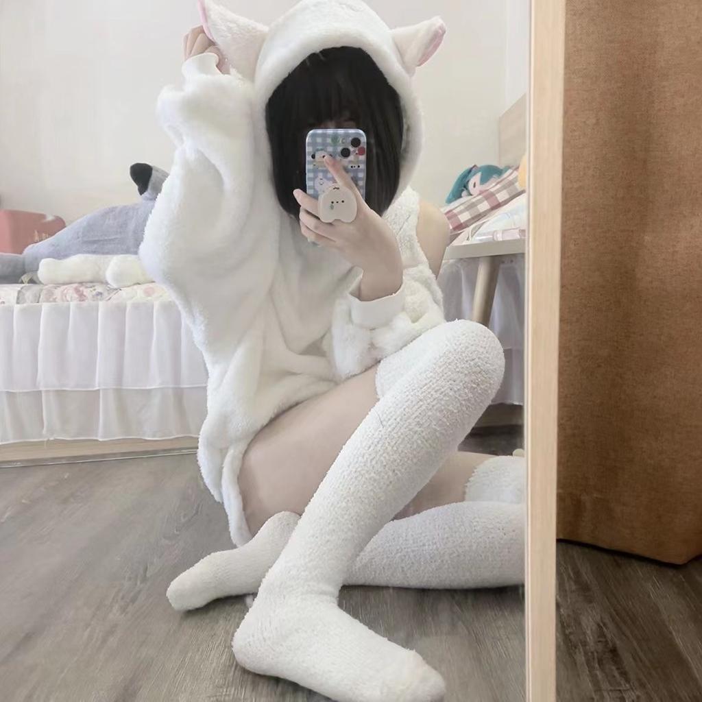 Vår Høst Kvinner Søt Søt Sau Øre Hettegensere Jente Sexy Chic Langermet Off Shoulder Løse Pullover Plysj Gensere