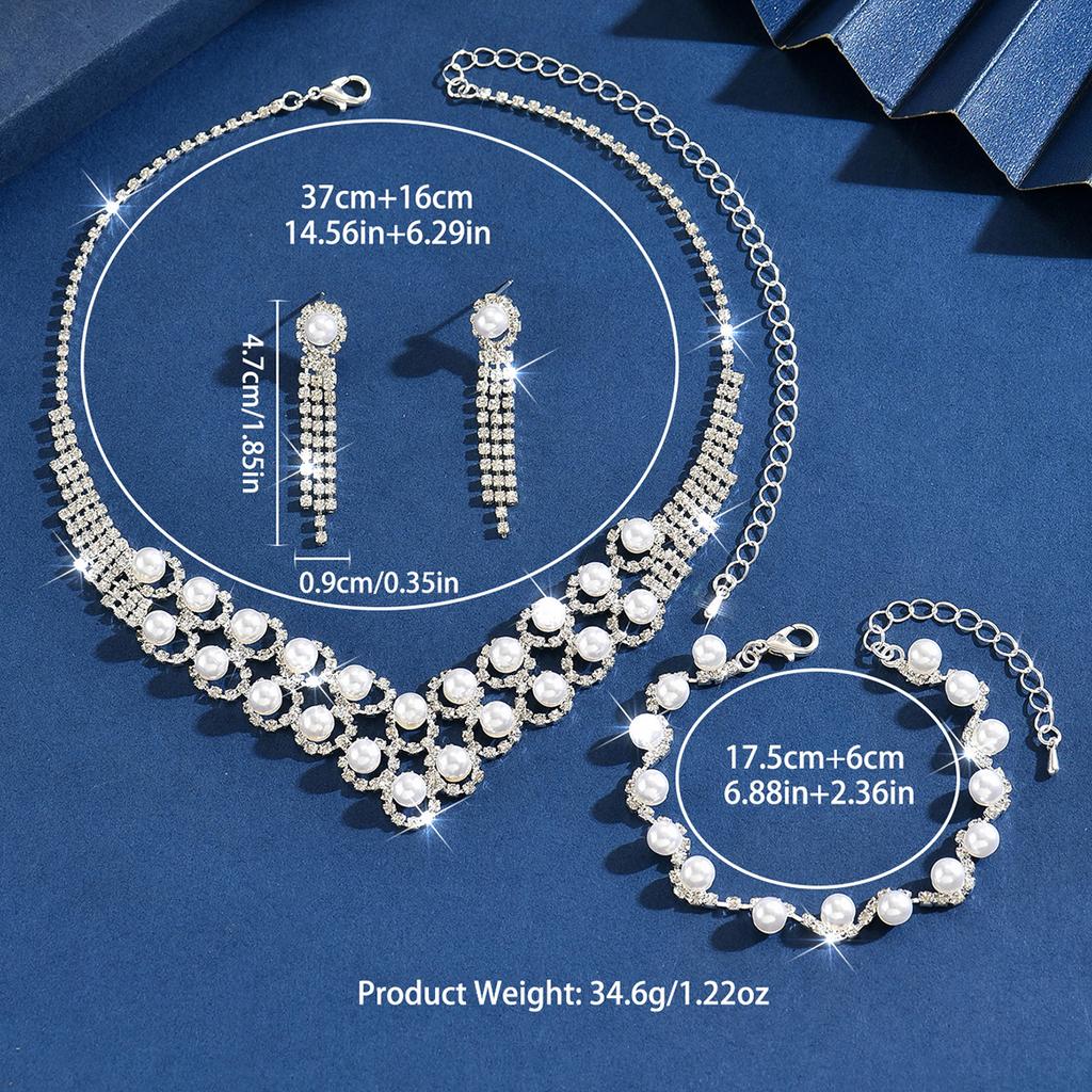 Amazon temperament luxury rhinestone pearl necklace earrings bracelet set fashionable high-end banquet party jewelry
