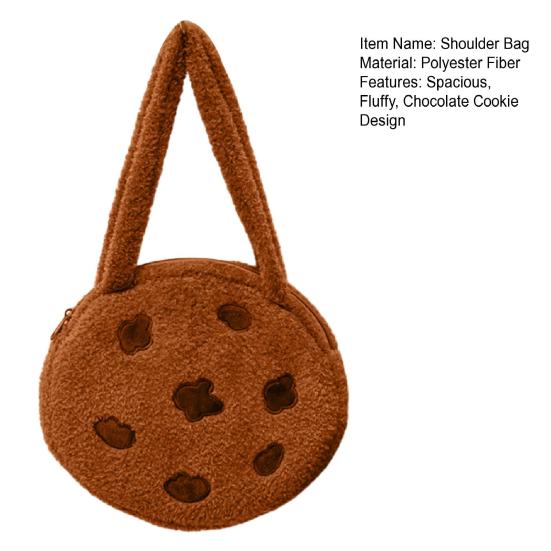 Schokoladenkeks Tragetasche Flauschiger Brauner Keks Umhängetasche Mit Reißverschluss Runde Plüsch Handtasche für Frauen Arbeit Reisen Straße Date