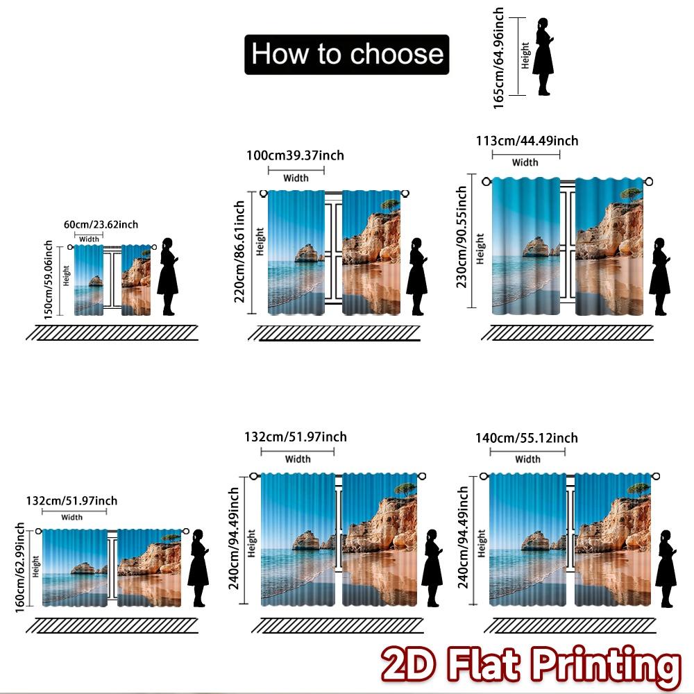 2D flat printing 2pcs Curtain Cliff beach ocean wave Digital Printed Polyester Drapes Party Decorations for Parties and Everyday
