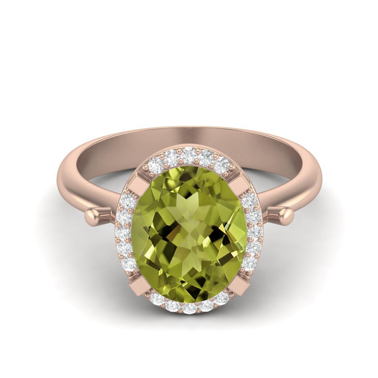 10X8mm Oval Peridot Solitaire Accents 925 Sterling Silver Rose Vermeil Halo Women Engagement Ring 10