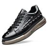European Men's White Lace-up Shoes: Embossed Cowhide Crocodile Pattern, Comfortable, Versatile Thick Sole, Trendy Casual Design.