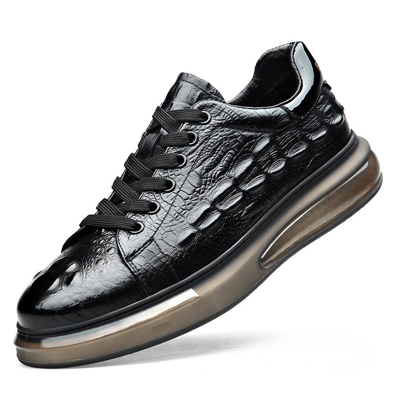 European Men's White Lace-up Shoes: Embossed Cowhide Crocodile Pattern, Comfortable, Versatile Thick Sole, Trendy Casual Design.