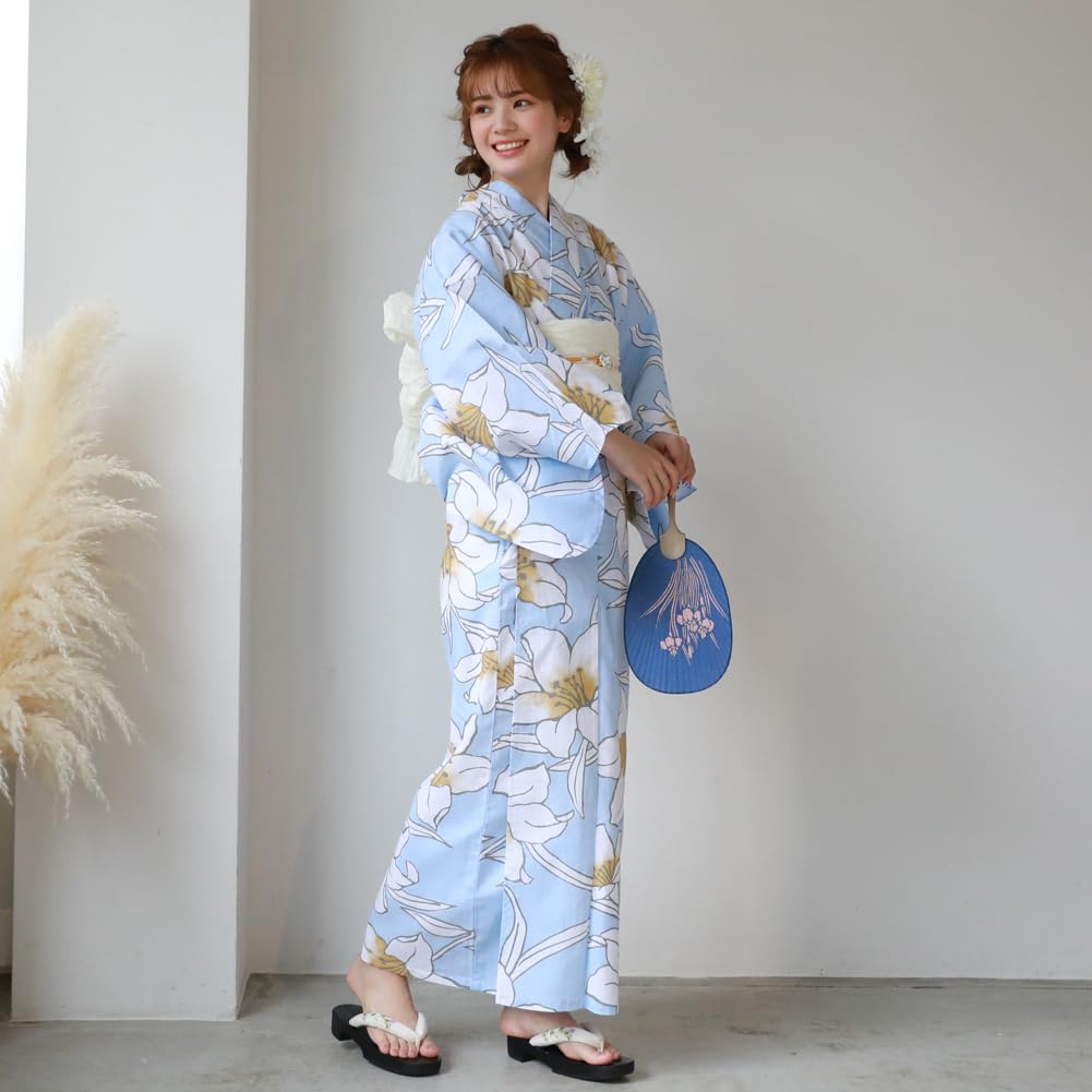 16 modele din care poți alege Set Yukata heko obi Tokimeki dragoste de vară Yukata heko obi set 2 piese crin pe lumină (2.Albastru mare)
