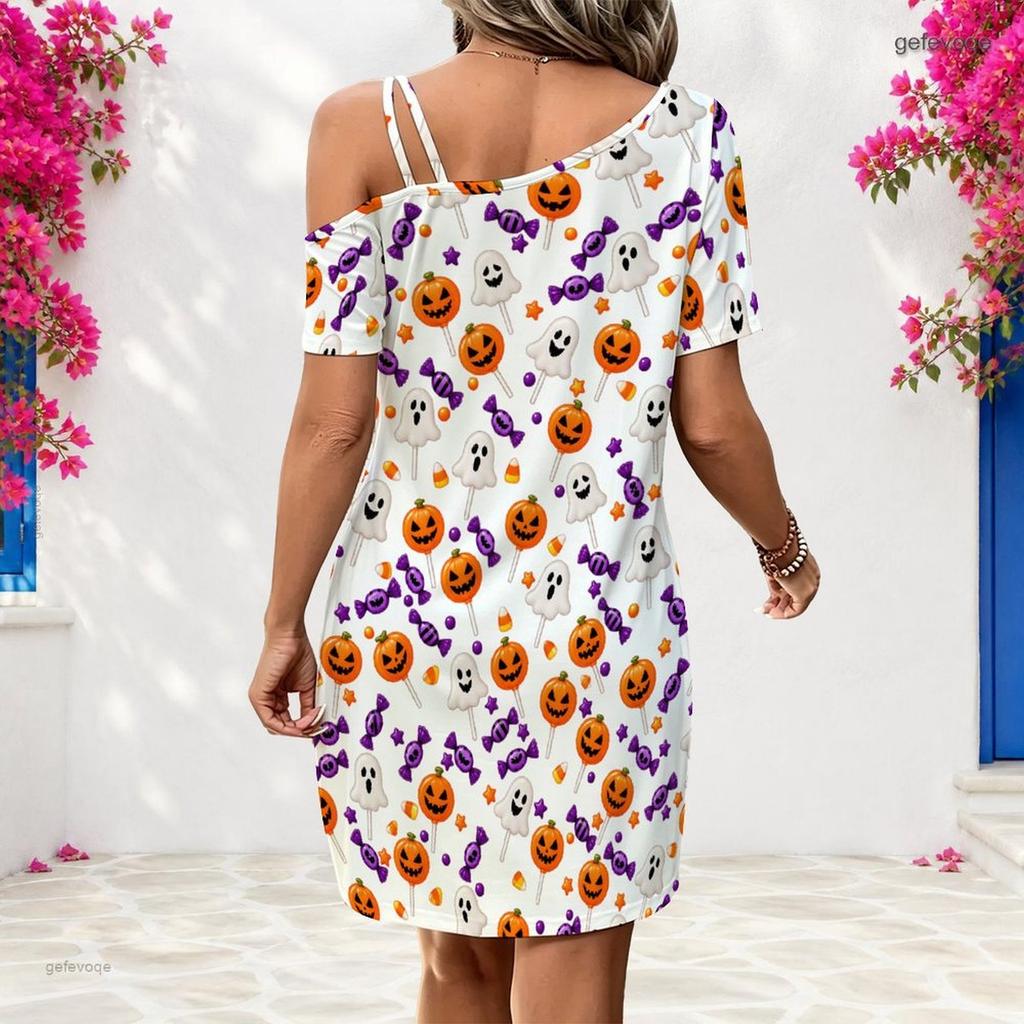 Women Plus Size One Shoulder Short Sleeve Loose White Halloween Printed Dress