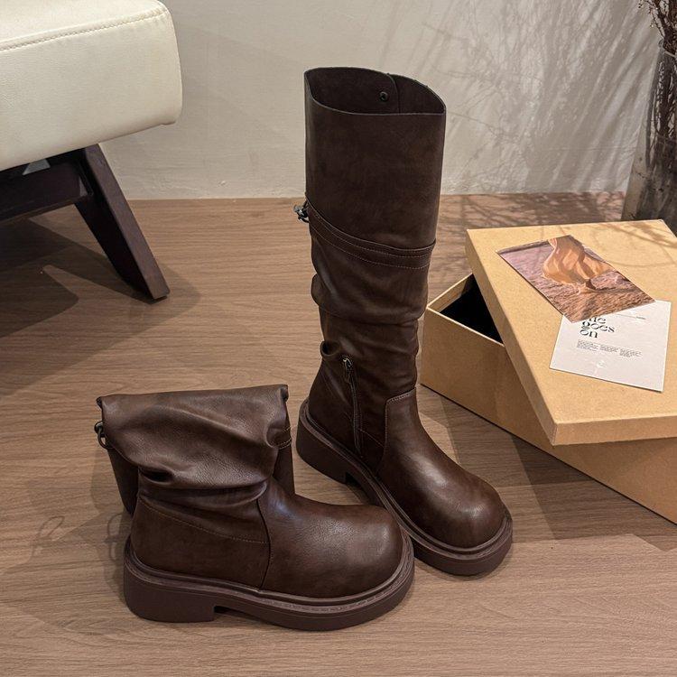 Cowhide version! Pleated stacking boots can be folded in two, brown boots, thick heels and thick soles, but knee knight boots.