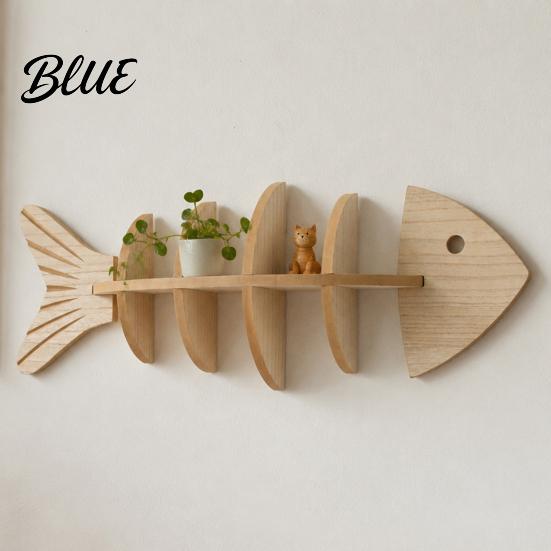 Small Apartment Space Saving Shelf Fish Bone Storage Rack Wood Wall Mounted Floating Shelf Ocean Style Entryway Decorative Art Display for