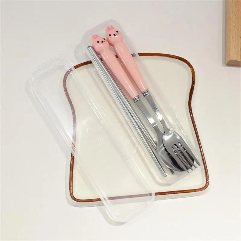 

Spoon Fork Chopsticks Sets Stainless Steel Cartoon Bunny Cute Cutlery set in Storage Box розовый