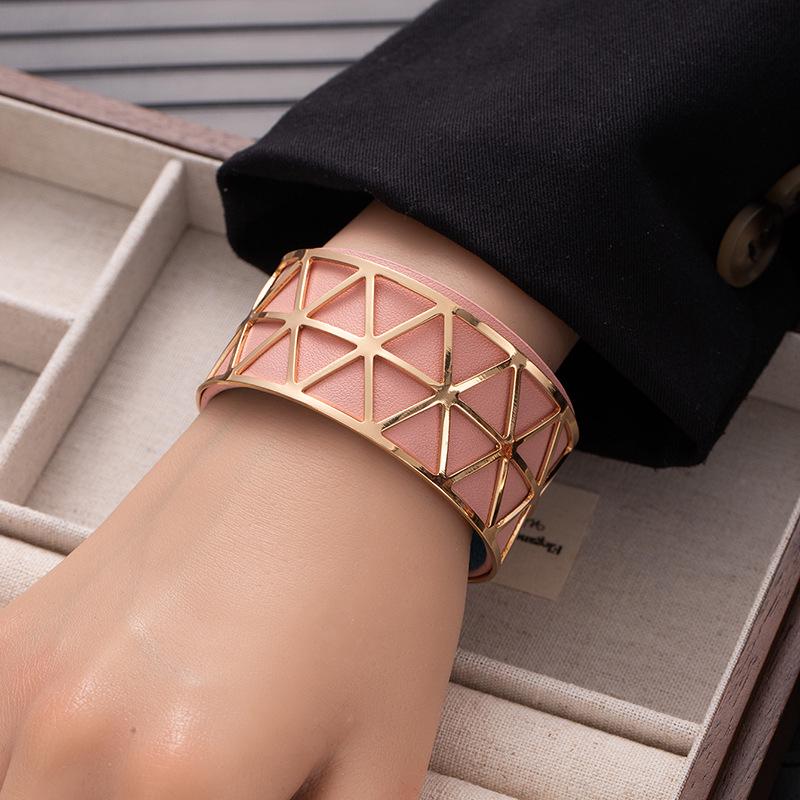 

European Double-Sided Rhombus PU Leather and Titanium Steel Cuff Bracelet