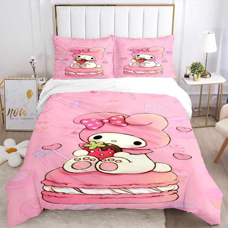 3pcs My Melody On a Pink Macaron Pattern Bedding Set, 1* Cover + 2*Pillowcases, Printed Bedding Set, Soft and Comfortable.S068